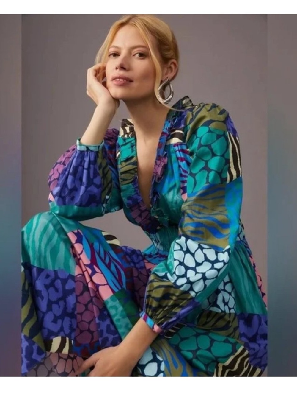 Anthropologie Geisha Designs Long-Sleeve Printed Maxi Dress Size M